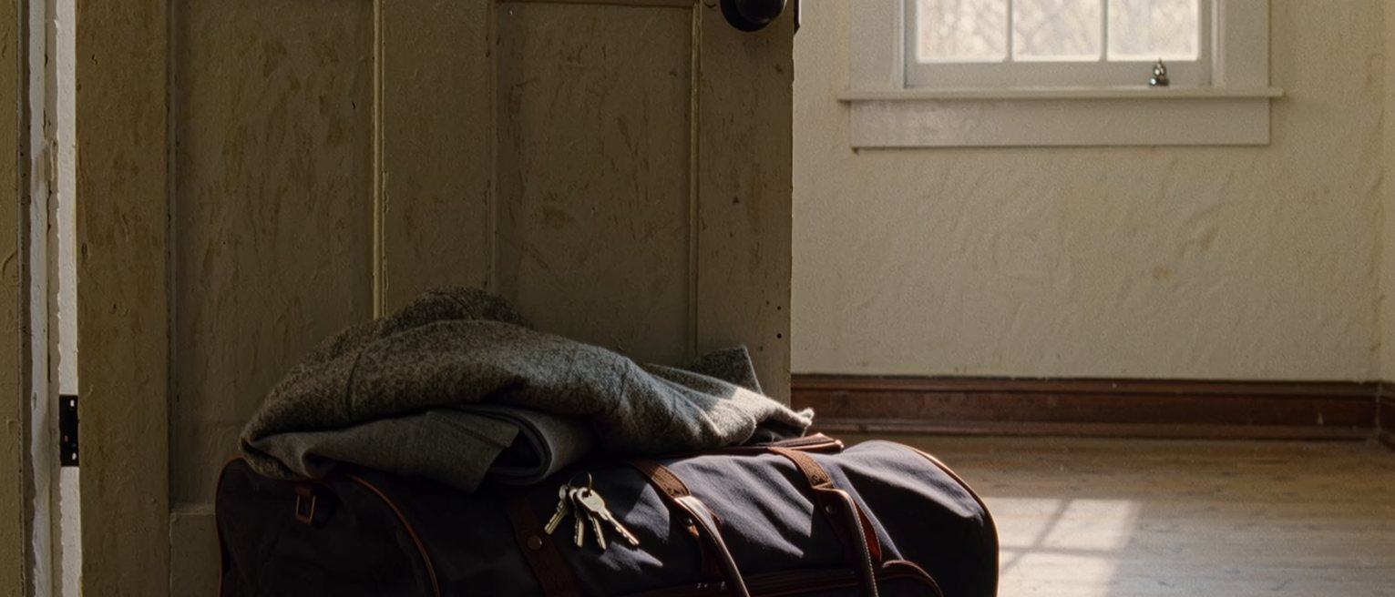 a hall seen close, a packed overnight bag set by the door with a coat folded on top of it and a set of keys laid on the bag, the door on the latch behind