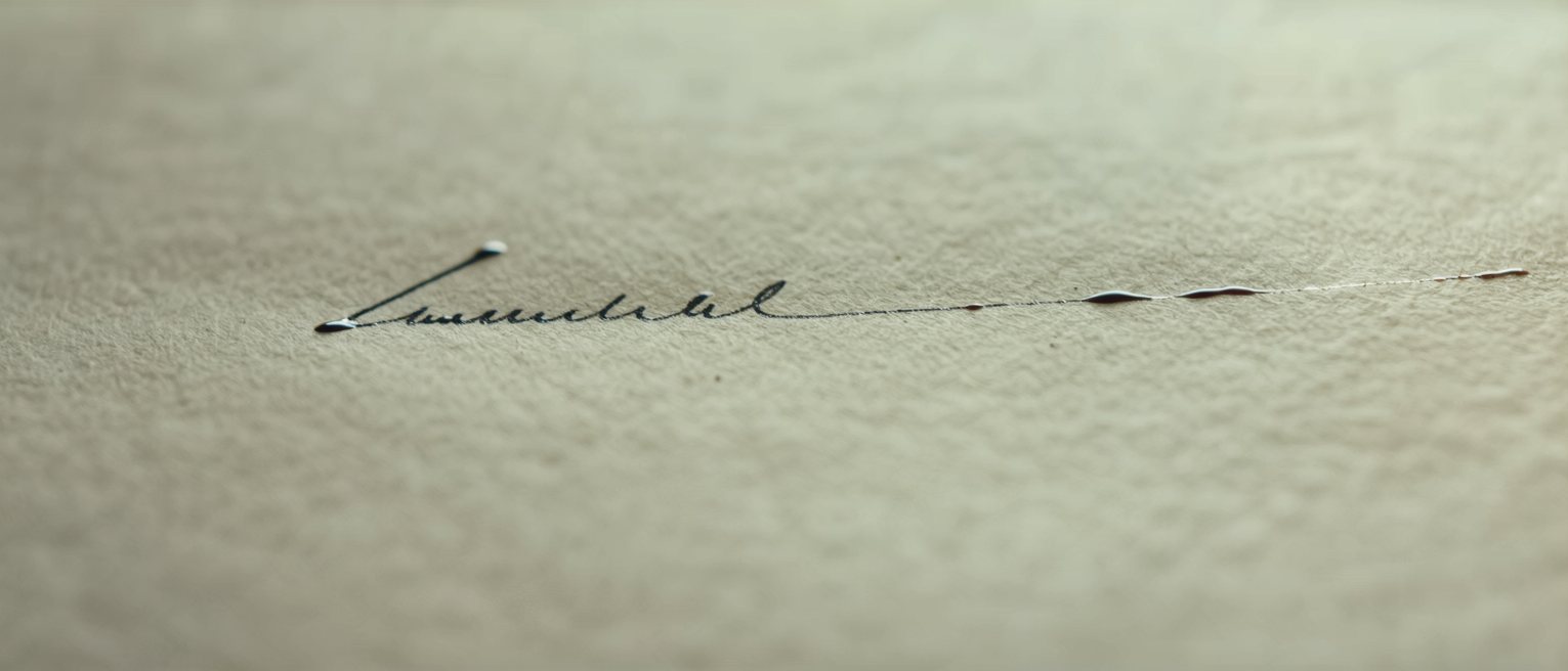 a signature in dark ink on cream paper, the line still wet at its end