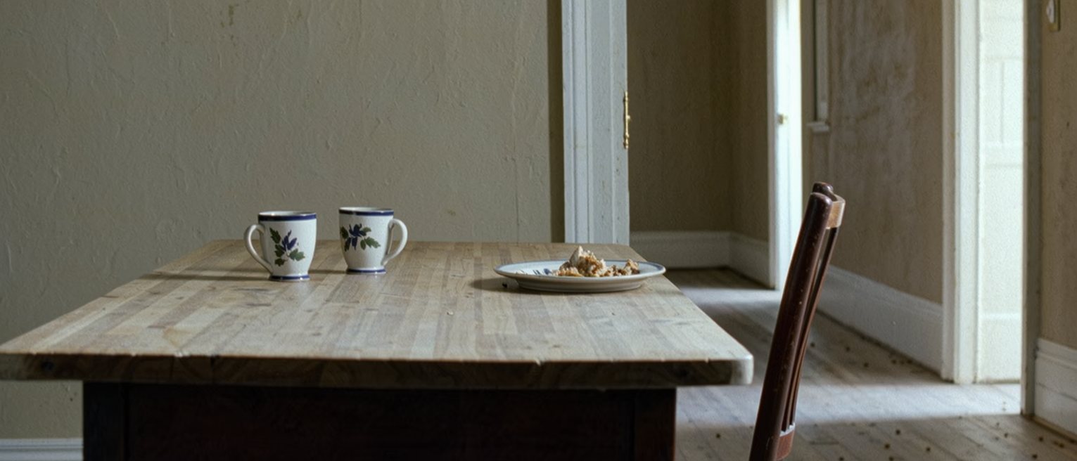 a kitchen table seen close with two cups and a plate of something half eaten between them, one chair pulled out at an angle