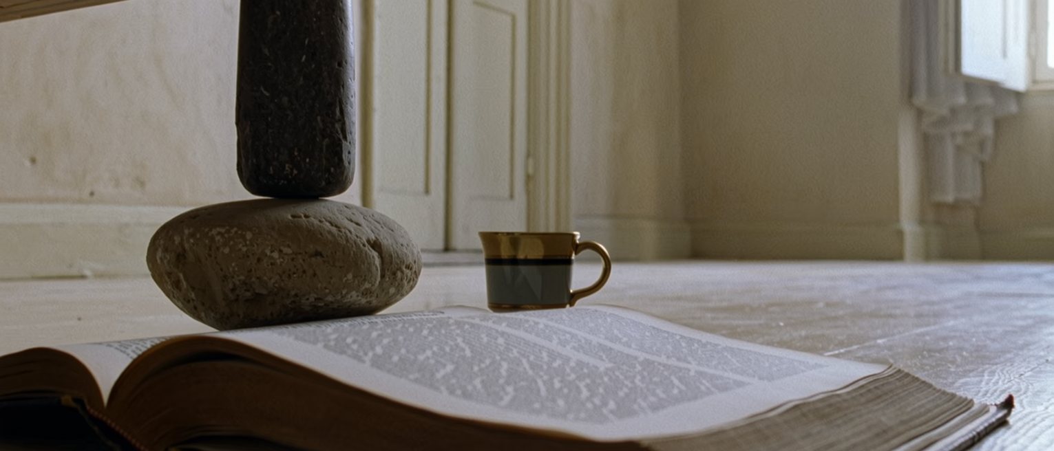 a low table seen close with a heavy book lying open flat under a smooth stone at a column of plain type, a cup set well back