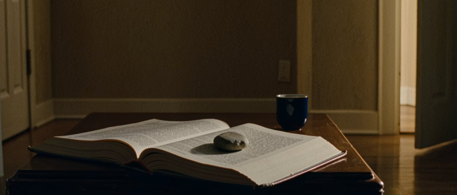 a low table seen close with a heavy book lying open flat under a smooth stone at a column of plain type, a cup set well back
