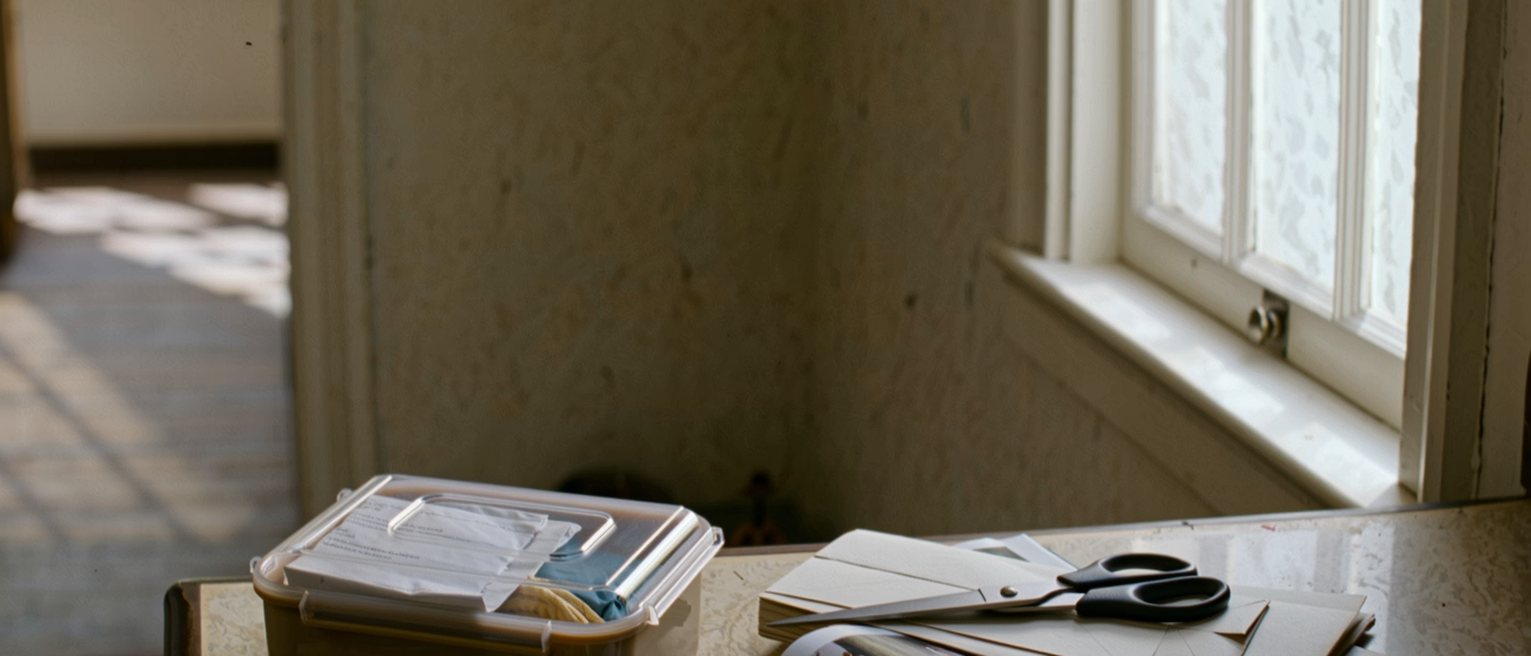 a kitchen seen close with a lunchbox packed for one, a stack of unopened letters and a pair of scissors beside a magazine with a page cut out, the window soft behind