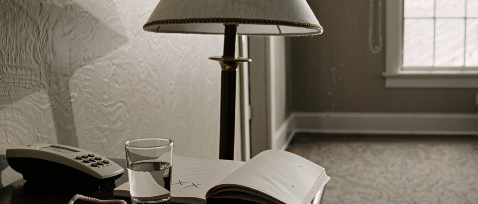 a bedside table seen close with a phone face down, a notebook open at a single line written and crossed out, a glass of water and a hair tie, the lamp close behind