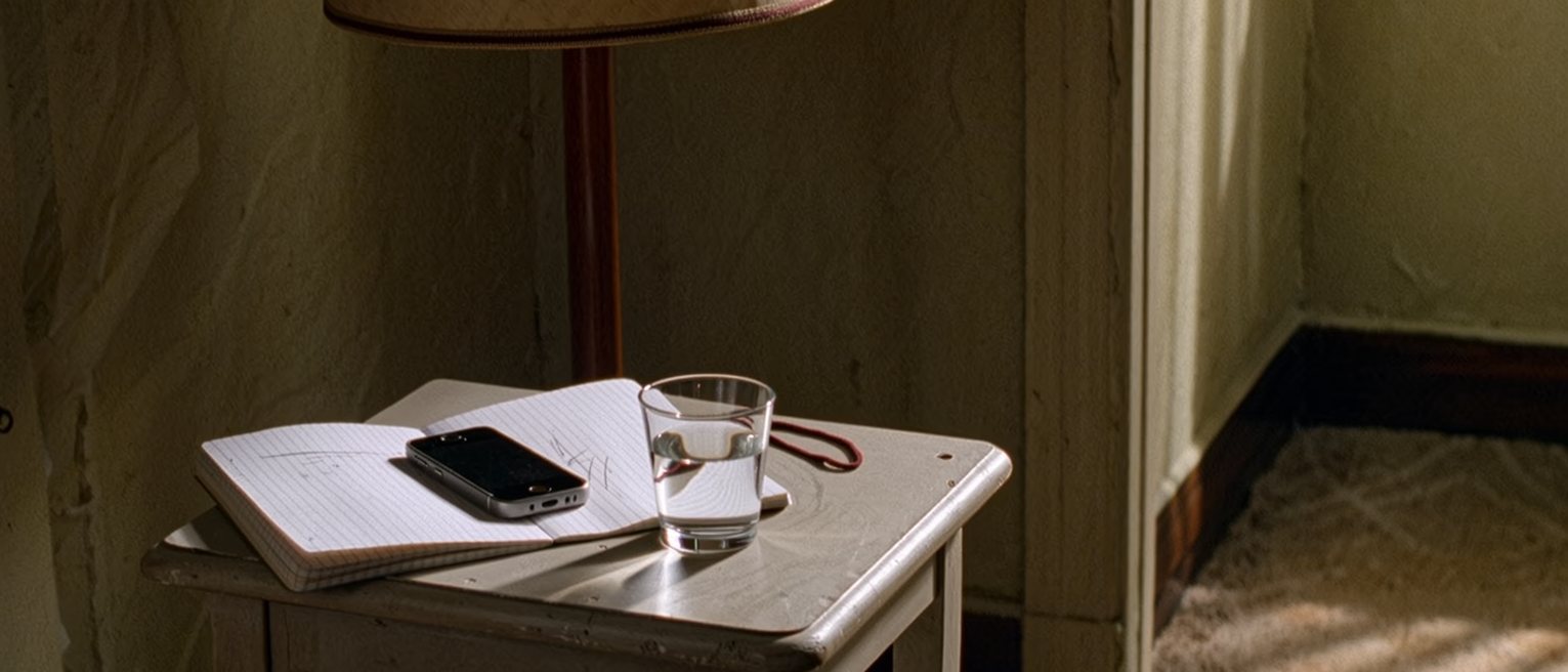 a bedside table seen close with a phone face down, a notebook open at a single line written and crossed out, a glass of water and a hair tie, the lamp close behind