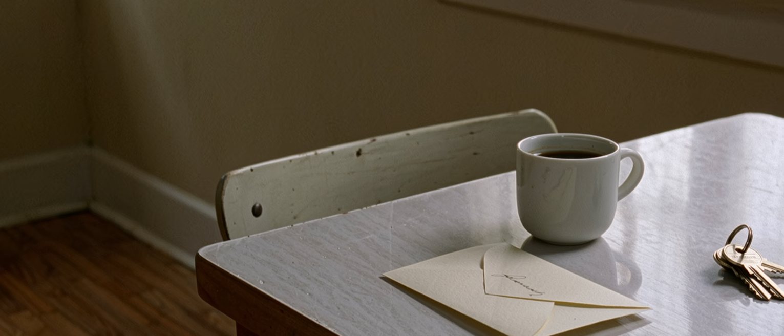 a kitchen table seen close with a cup of coffee and an unsent card with a single word written, a folded letter and a set of keys, the chair pushed back and the window soft behind