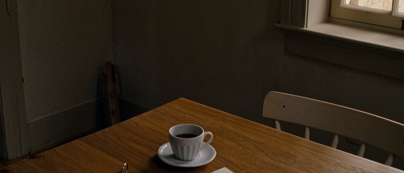 a kitchen table seen close with a cup of coffee and an unsent card with a single word written, a folded letter and a set of keys, the chair pushed back and the window soft behind