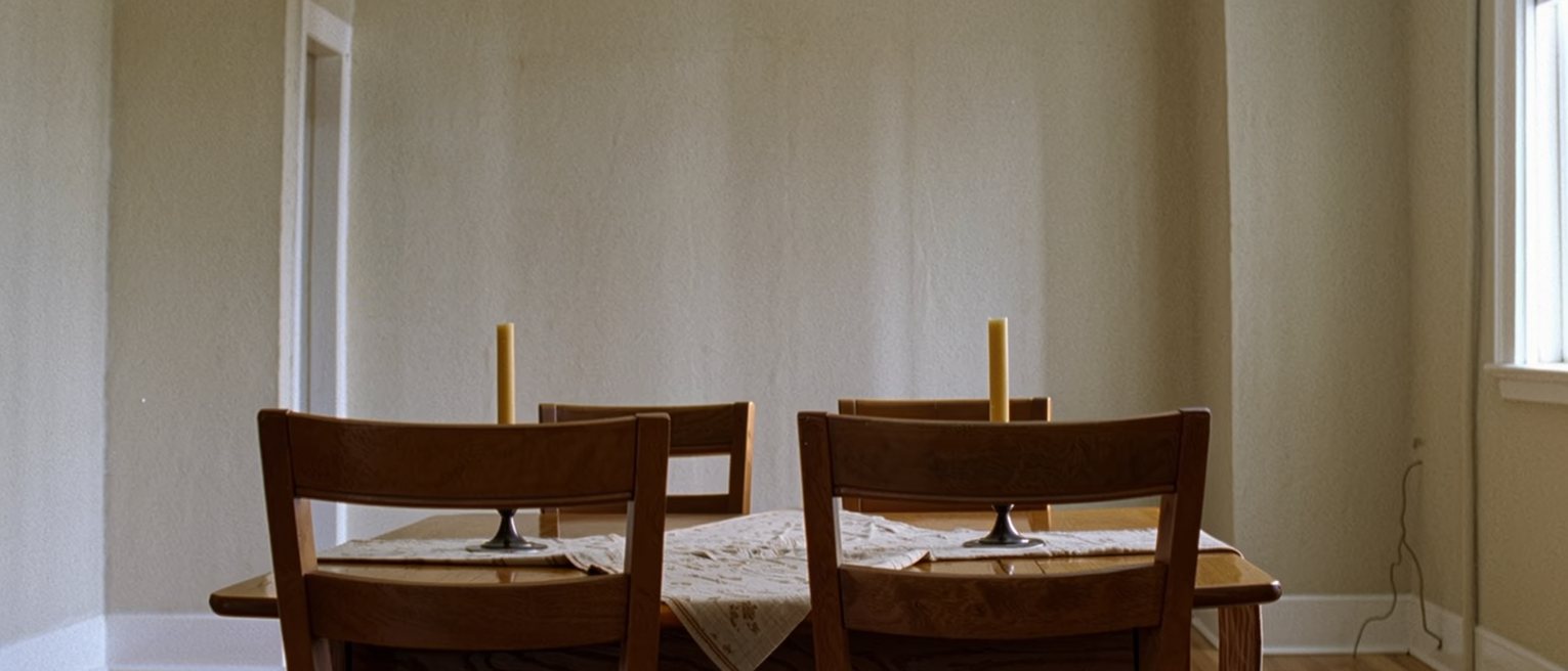 a dining table laid exactly as it is laid every year, the same cloth, the same two candles, the same two chairs