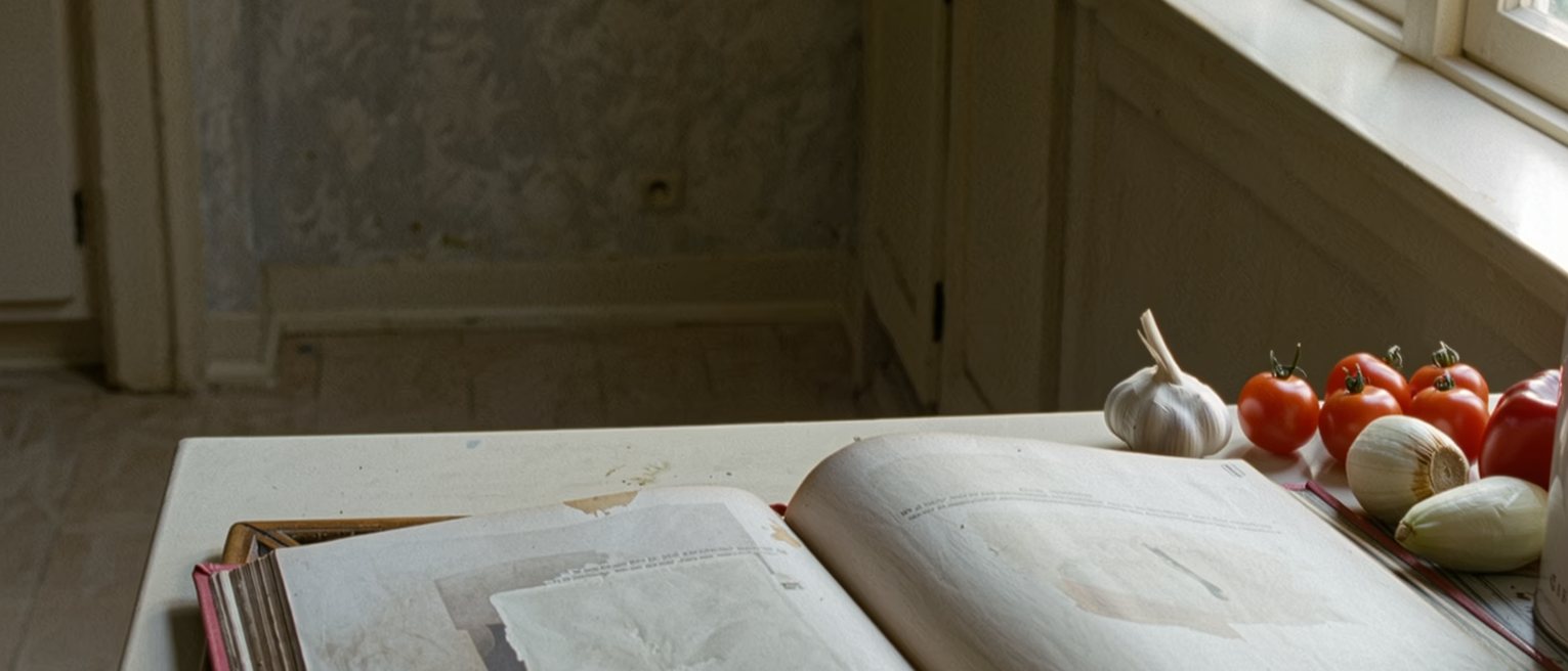 a kitchen with a cookbook open at a page gone soft and splashed with use, the same ingredients set out in the same order