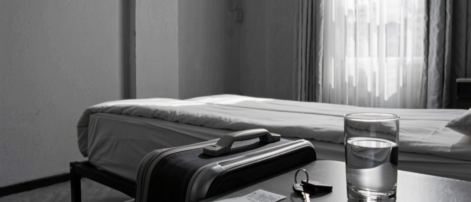 a bedroom seen close with a suitcase closed on the luggage stand, a room key on its fob and a folded receipt on the desk, a glass of water, the bed made tight close behind and the tall window with its net curtain soft beyond