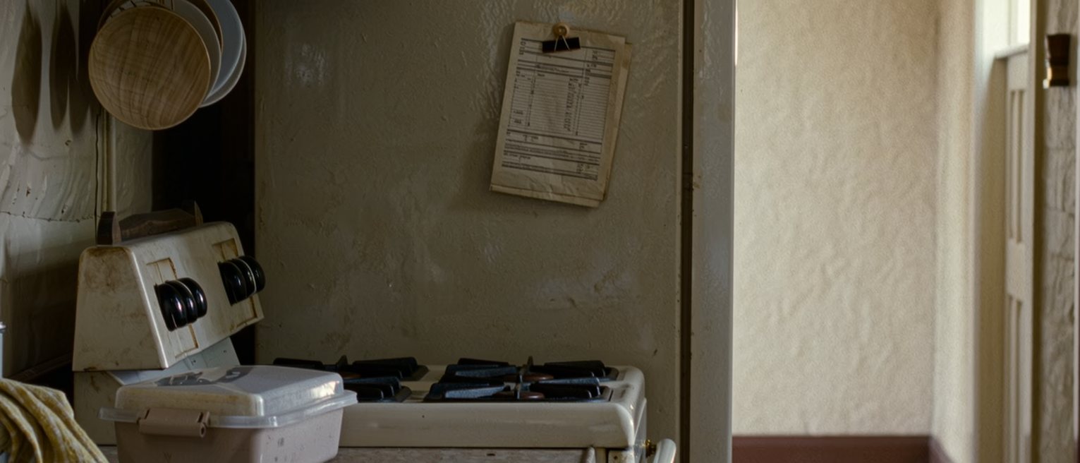 a kitchen seen close with a dishcloth folded over the tap, a lunch box washed and left to dry, a shopping list held on the fridge under a magnet, the stove close behind and the hallway soft beyond