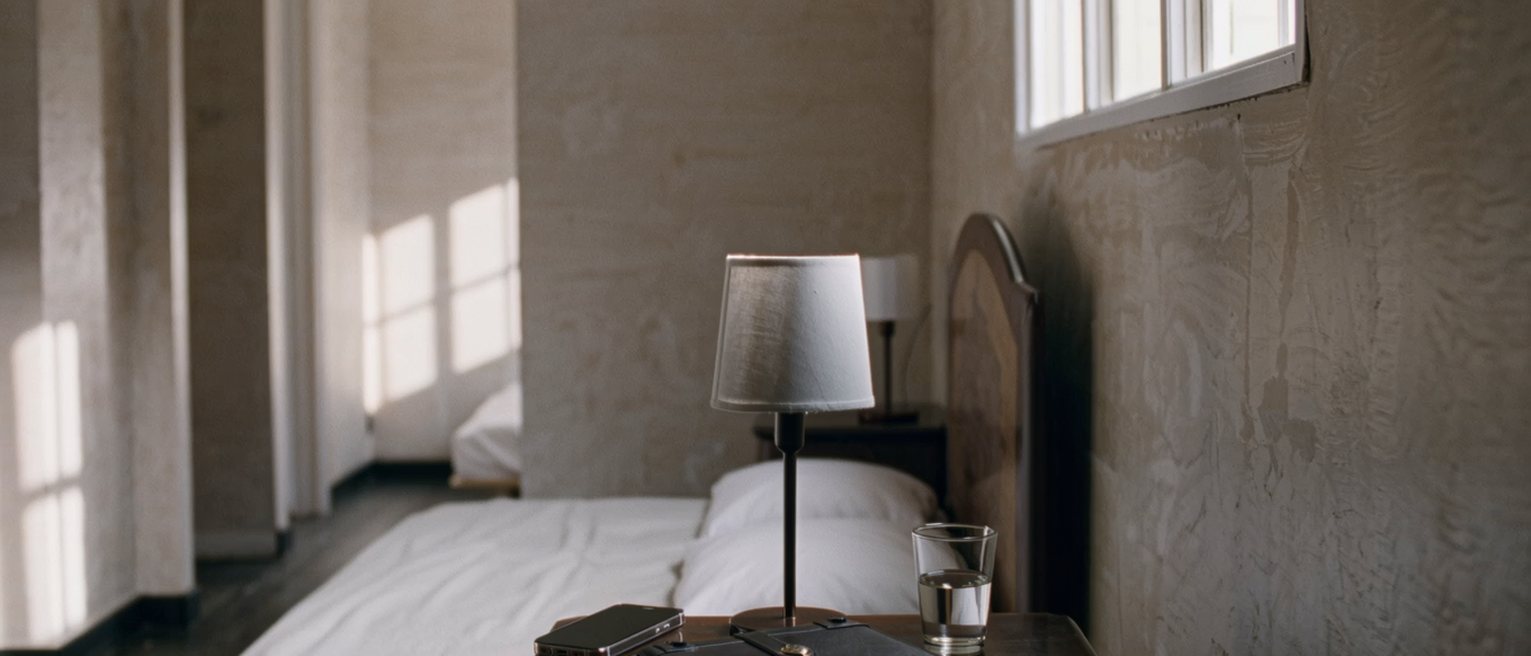 a bedside table seen close with two phones charging side by side, one face down and one face up, a diary with a small lock and a glass of water, the lamp and the headboard close behind