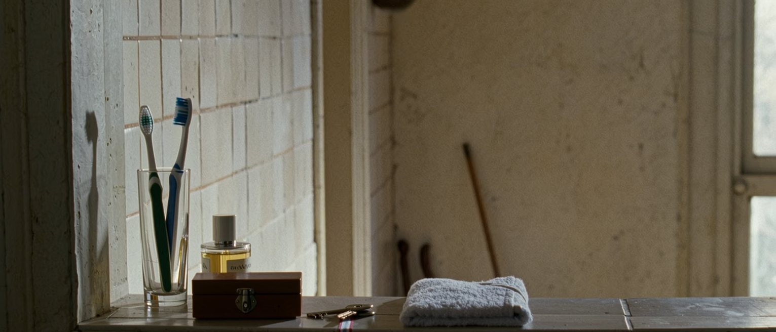 a bathroom shelf seen close with one toothbrush in a glass, a small locked box beside a bottle of scent, a folded towel and a key on its ribbon, the tiled wall close behind