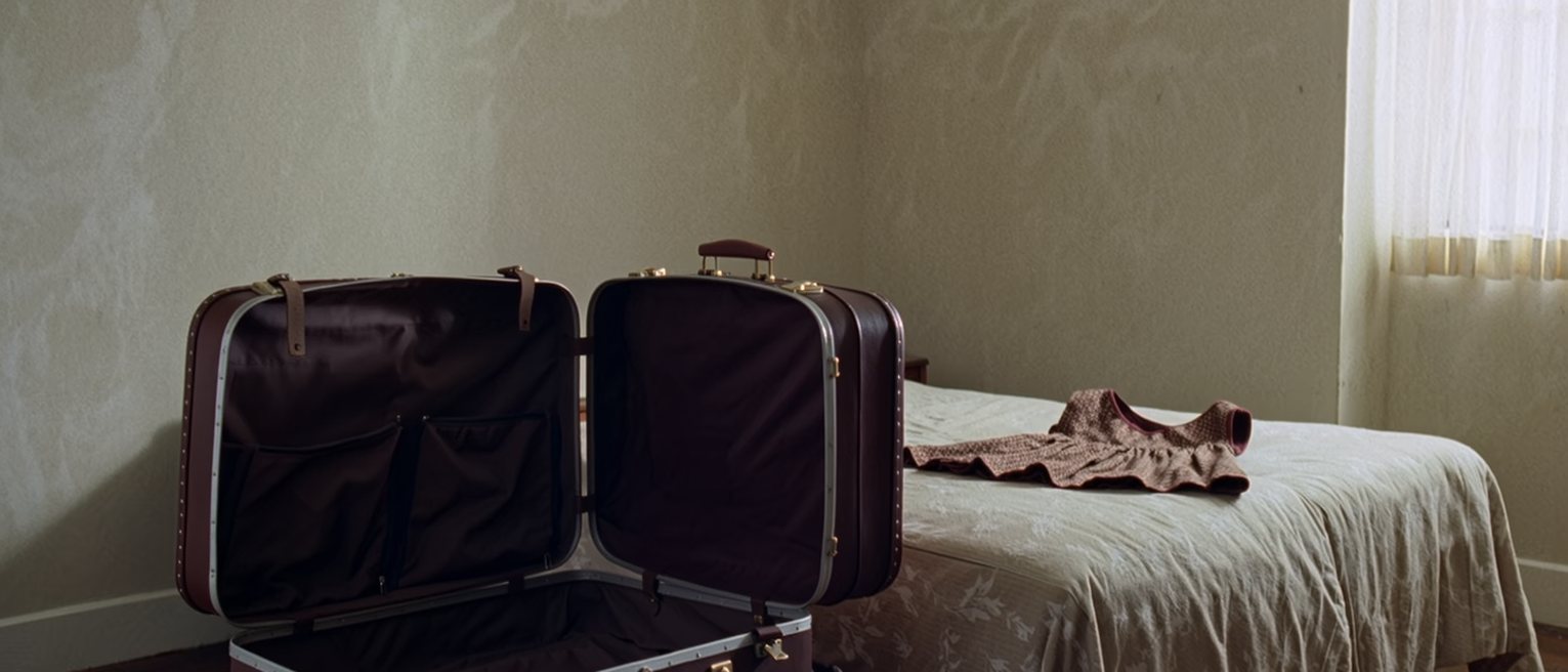 an unfamiliar bedroom with a suitcase open on the luggage stand and a dress laid out on the bed that would never be worn at home