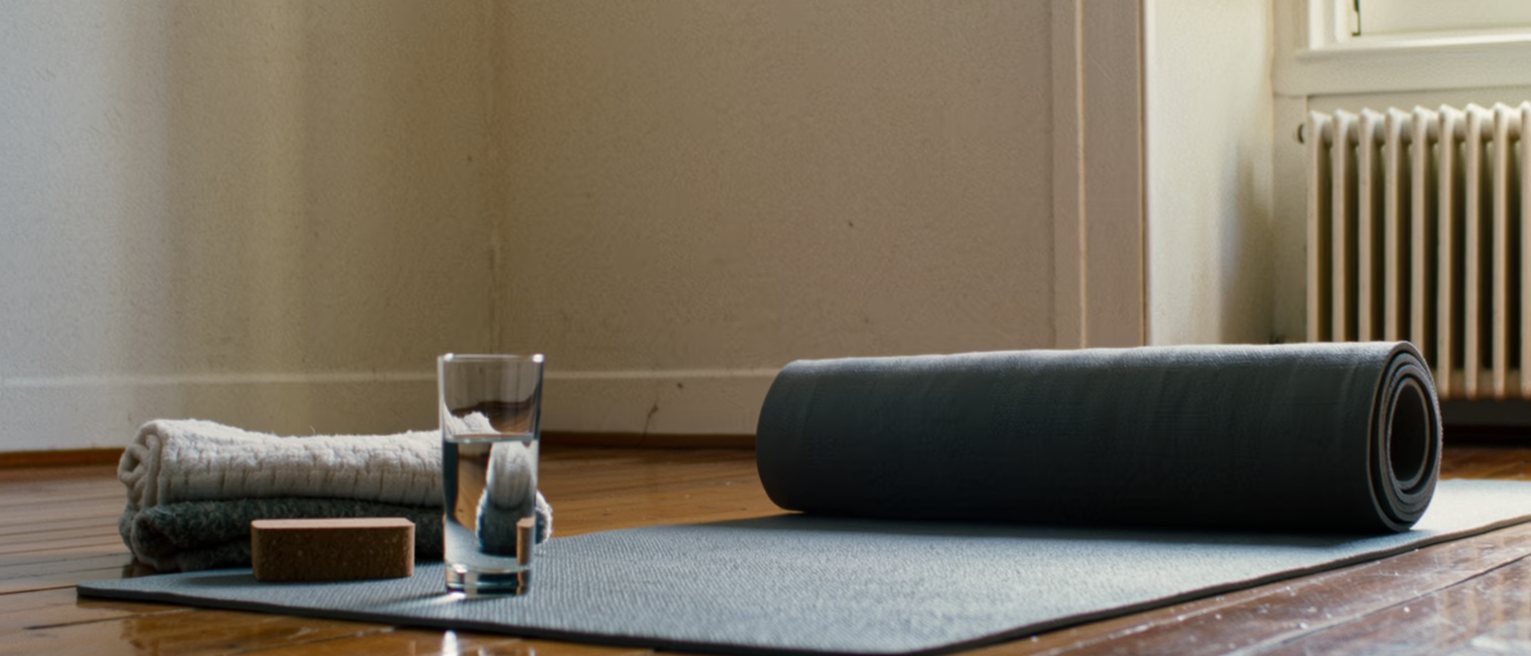 a yoga mat unrolled on a wooden floor seen close, a folded blanket and a cork block at one end, a glass of water beside it and the radiator soft behind