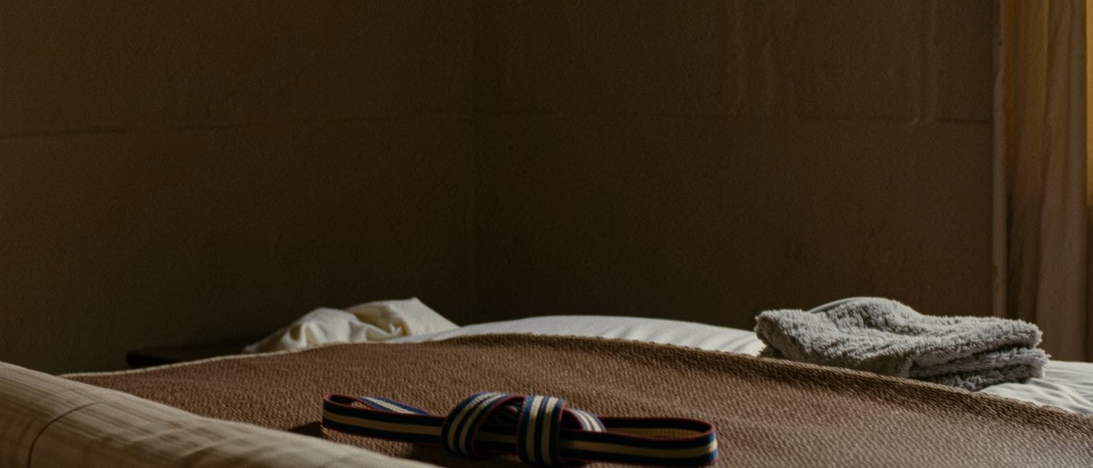 a bedroom floor seen close with a mat rolled half open, a strap coiled on it and a towel folded beside, the edge of the bed close behind