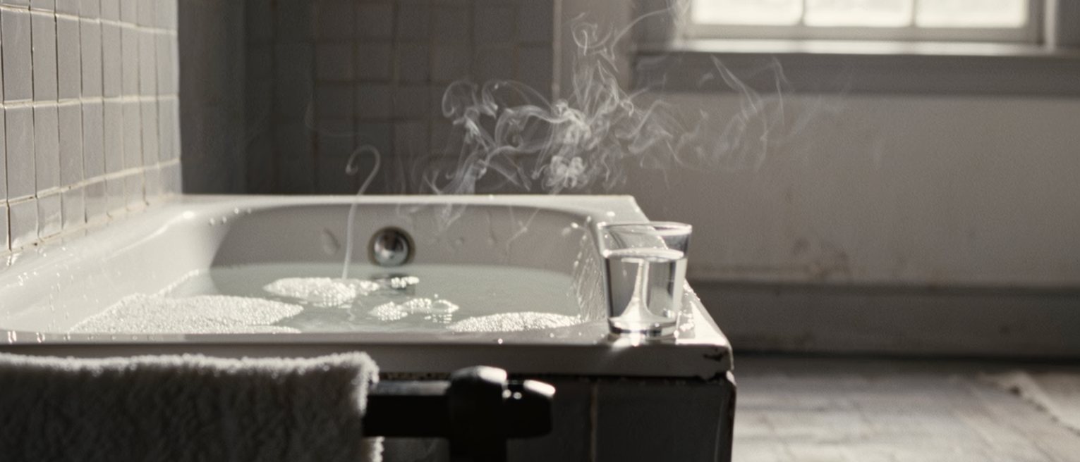 a bathroom seen close, a towel warm on the rail, a bath run with the steam still rising and a small glass of water on its edge, the tiled wall soft behind