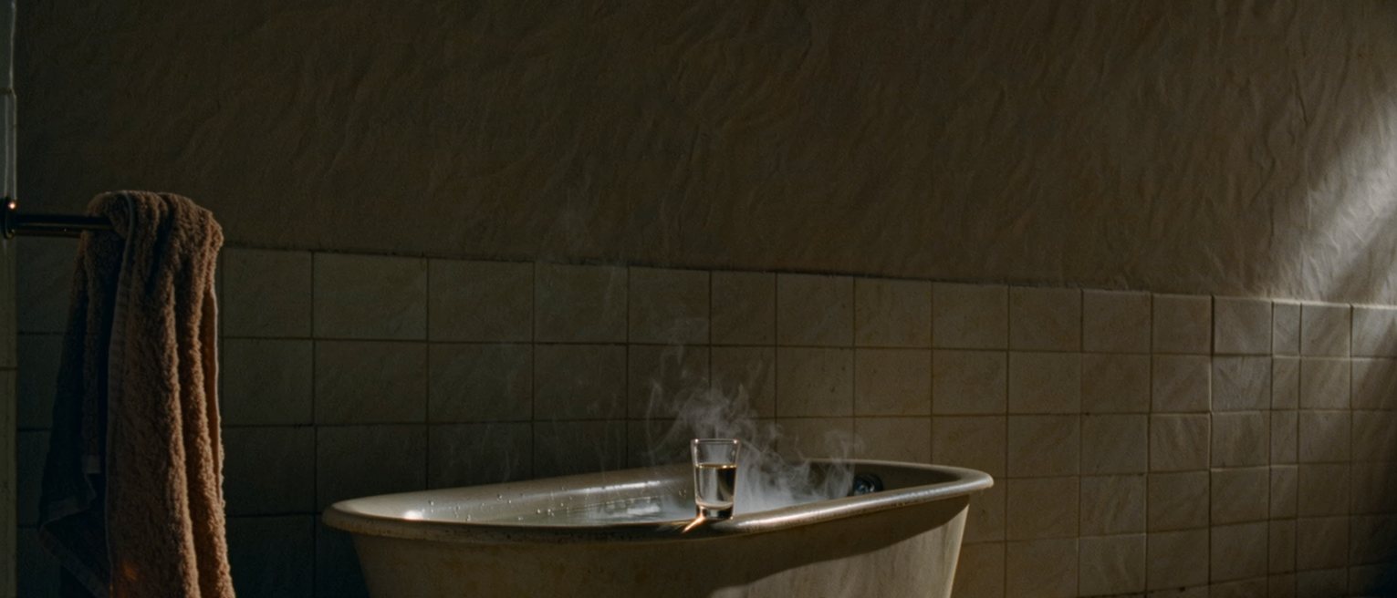 a bathroom seen close, a towel warm on the rail, a bath run with the steam still rising and a small glass of water on its edge, the tiled wall soft behind