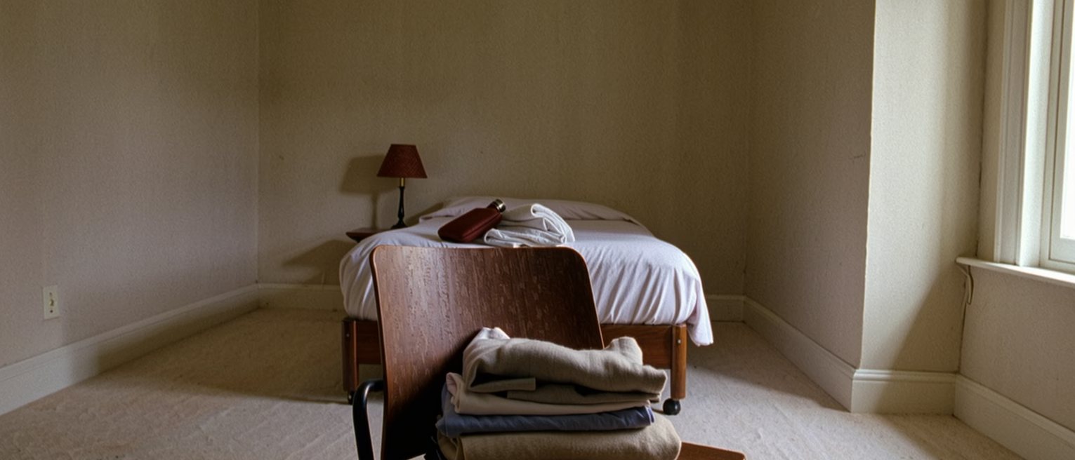 a bedroom chair seen close with the day's clothes folded on it, a hot-water bottle on the bed behind and the covers turned back, the lamp low