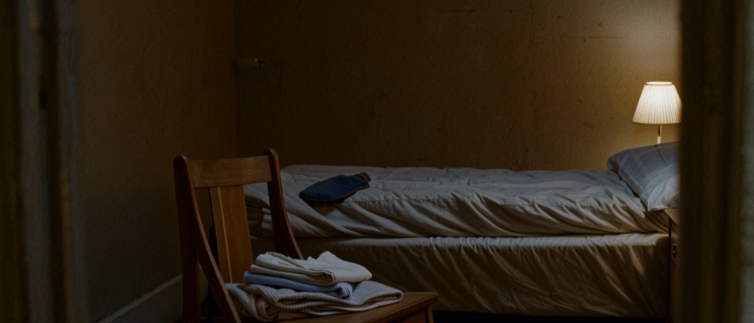 a bedroom chair seen close with the day's clothes folded on it, a hot-water bottle on the bed behind and the covers turned back, the lamp low