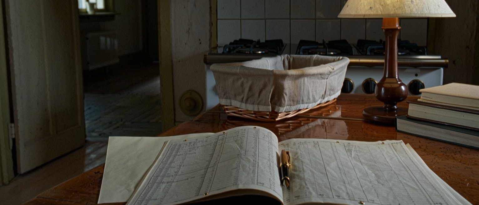 a kitchen table in a Normandy house seen close with an account ledger open beside a lined exercise book and a fountain pen, a sewing basket pushed to the far edge, a stack of new books with their spines uncracked, the stove and the tiled wall close behind and the window soft beyond
