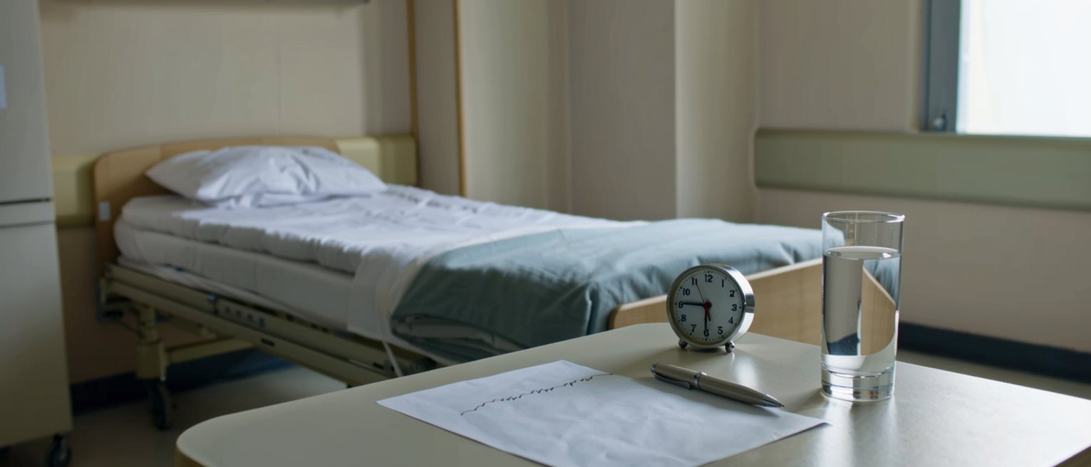 a bedside table in a plain hospital room seen close with a single sheet of paper bearing one wavering line of ink, a ballpoint pen beside it, a glass of water and a small travel clock, the bed with its blanket folded at the foot close behind and the window soft beyond