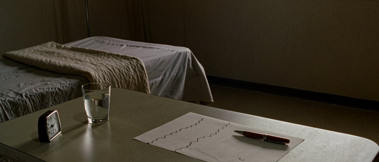 a bedside table in a plain hospital room seen close with a single sheet of paper bearing one wavering line of ink, a ballpoint pen beside it, a glass of water and a small travel clock, the bed with its blanket folded at the foot close behind and the window soft beyond