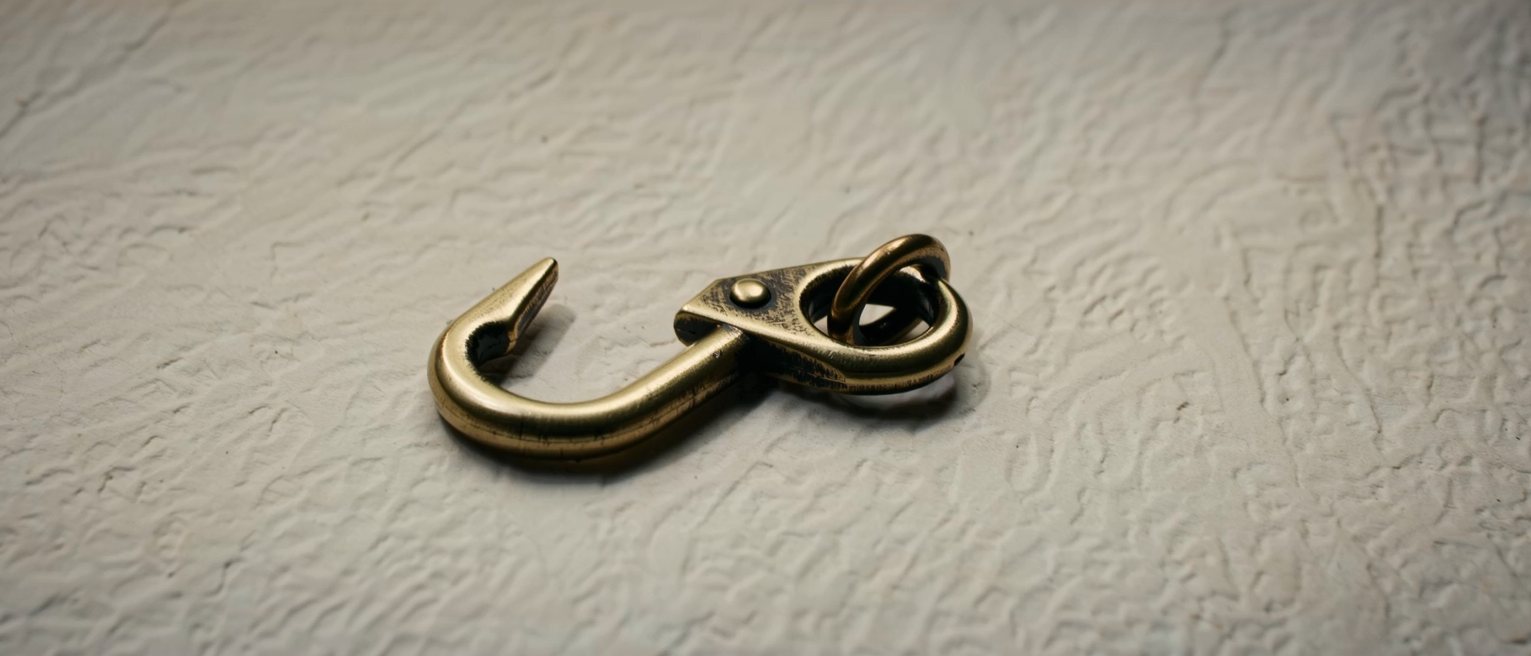 a brass hook holding nothing, the catch left open and free to swing