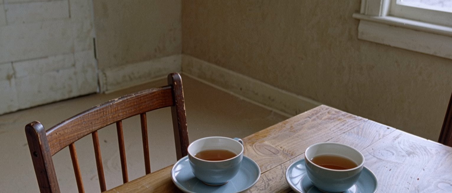 a kitchen table with one cup of tea untouched and no longer steaming, the chair before it pulled in close, and the second cup across the table still full