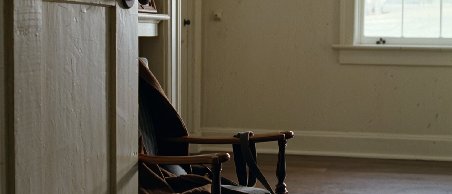 a hall chair by the front door with a coat laid over its back and a bag not yet set down, its strap still over the chair's arm