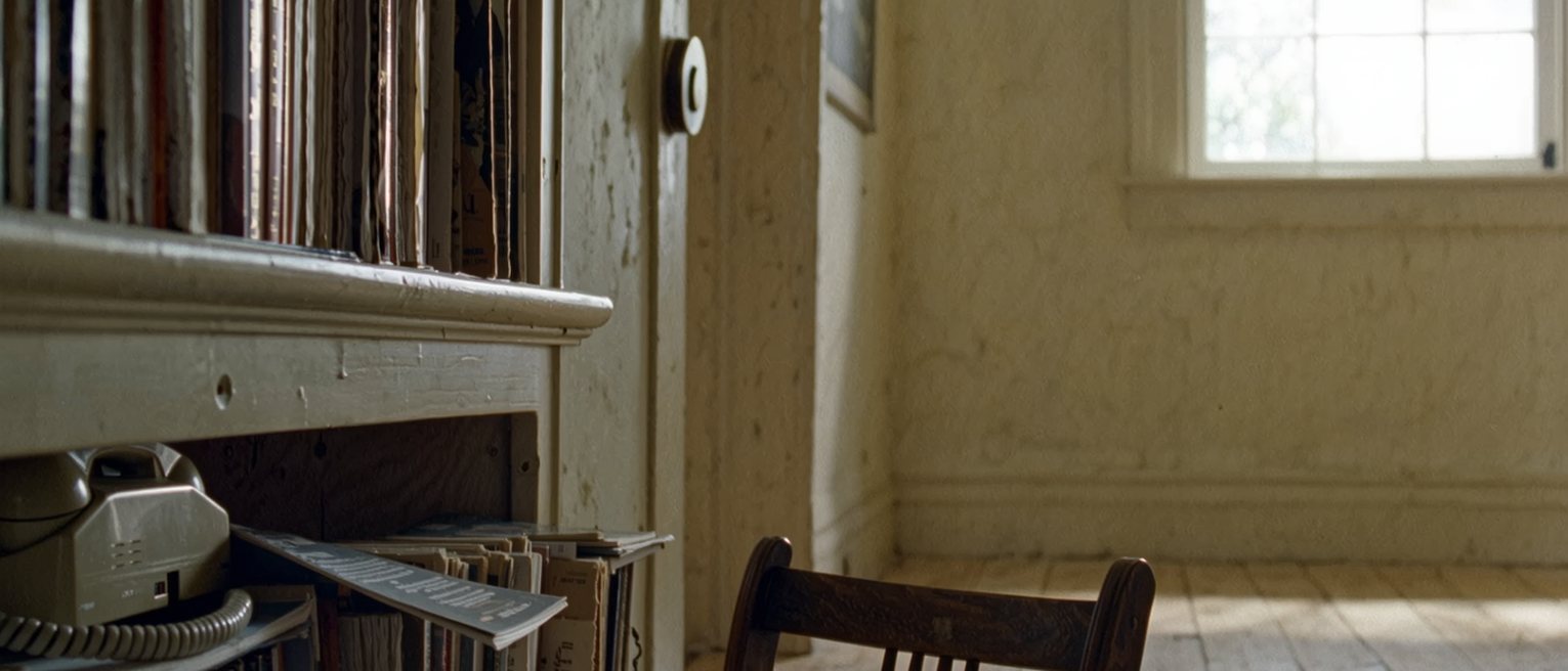 a bookshelf seen close with a row of paperback guides packed spine to spine, one pulled out to lie open on the shelf edge, a telephone resting on its cradle on the shelf below, a reading chair at the side