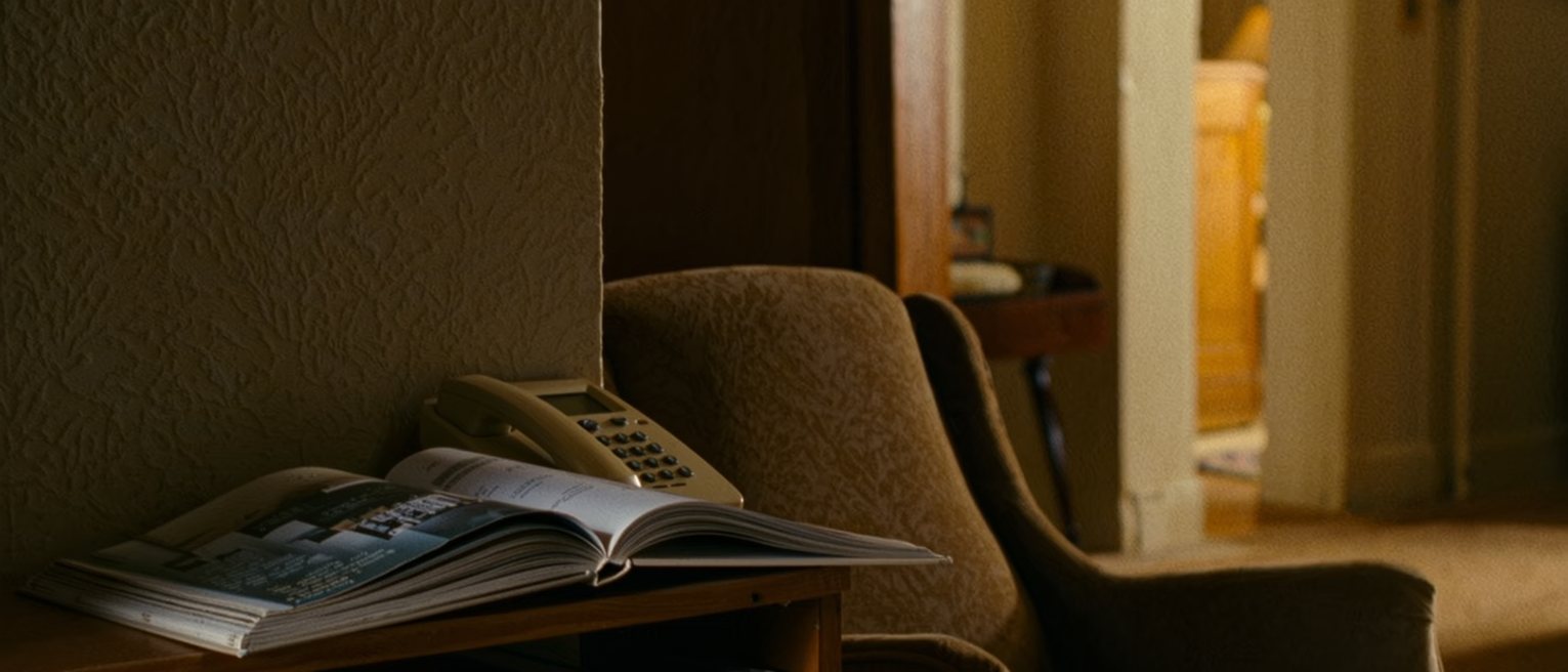 a bookshelf seen close with a row of paperback guides packed spine to spine, one pulled out to lie open on the shelf edge, a telephone resting on its cradle on the shelf below, a reading chair at the side