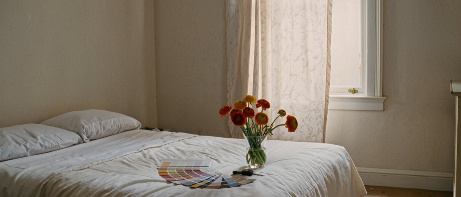 a rented room seen close with the bed remade in linen sheets far too good for it, a vase of ranunculus on the bedside table, paint charts fanned on the bedspread and a car key beside them, the drawn curtain soft behind