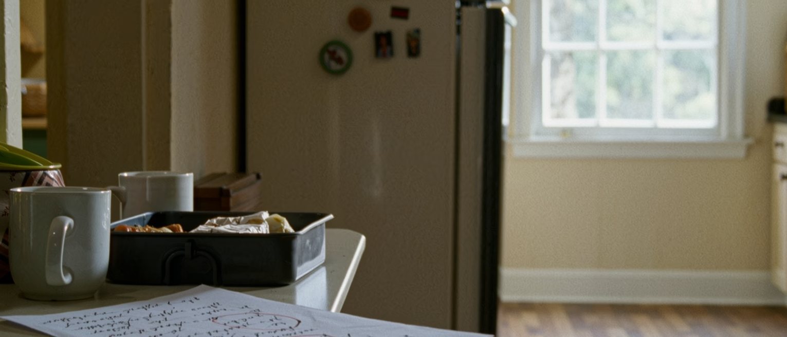 a kitchen table seen close with a sheet of terms written in two inks and a calendar with alternate weeks circled, two mugs and a packed lunchbox, the fridge with its magnets close behind and the window soft beyond