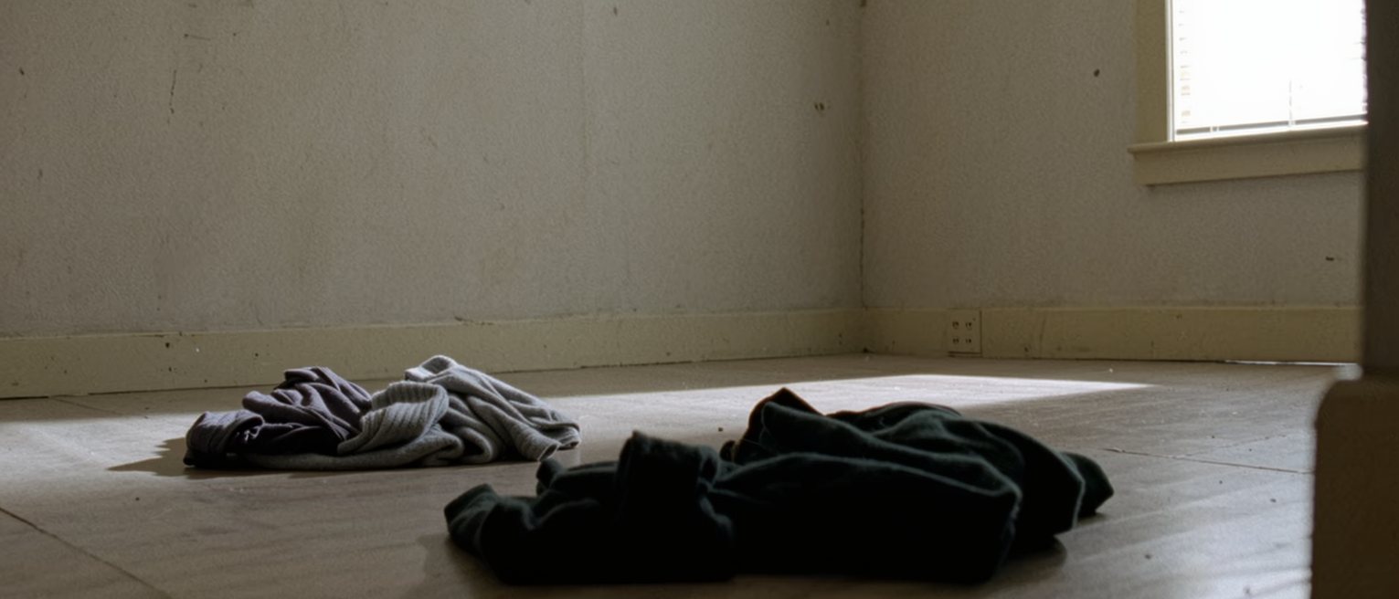 a bedroom with two sets of clothes on the floor and nothing arranged, no note, no cup, no tidying