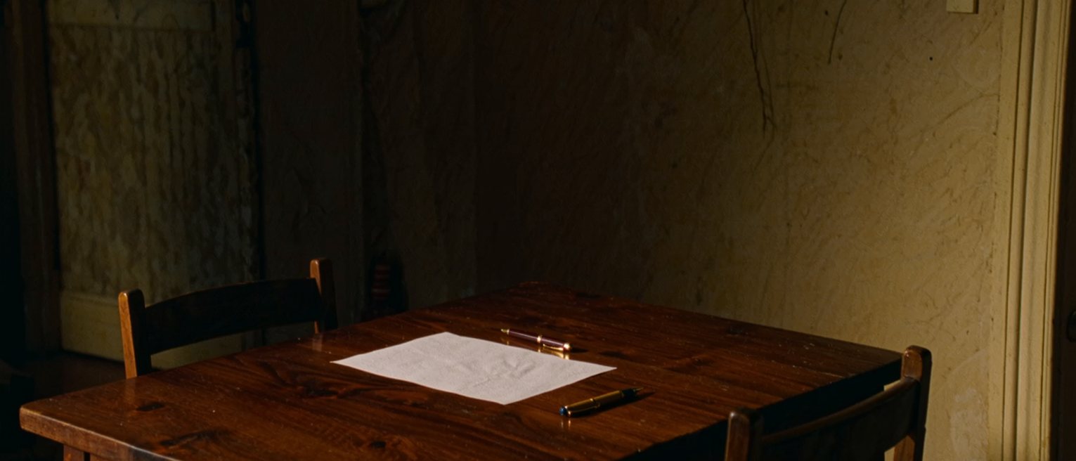 a kitchen table with a single sheet of paper set between two chairs and two pens laid down on it