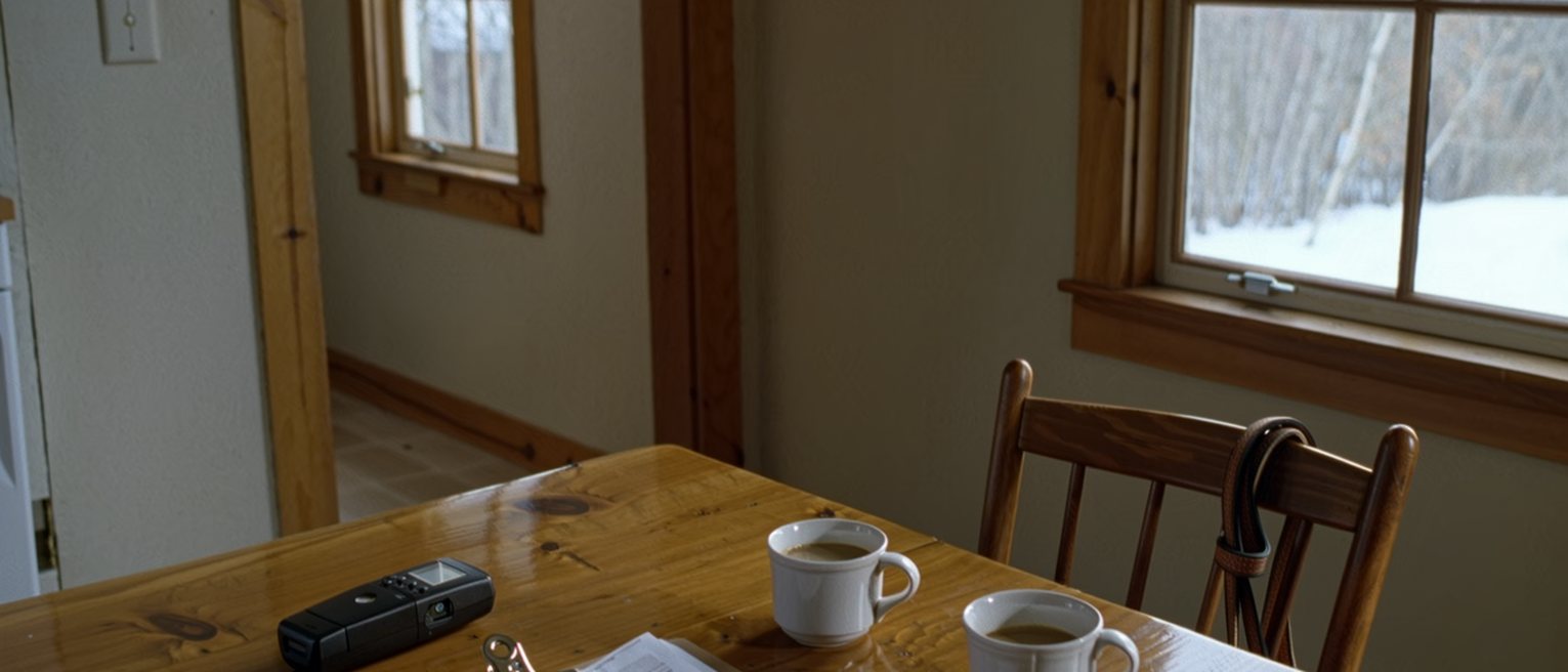 a chalet kitchen table seen close with a voice recorder beside a transcript bound with a clip, two cups of coffee and a dog lead coiled on the chair, the snow on the glass soft behind