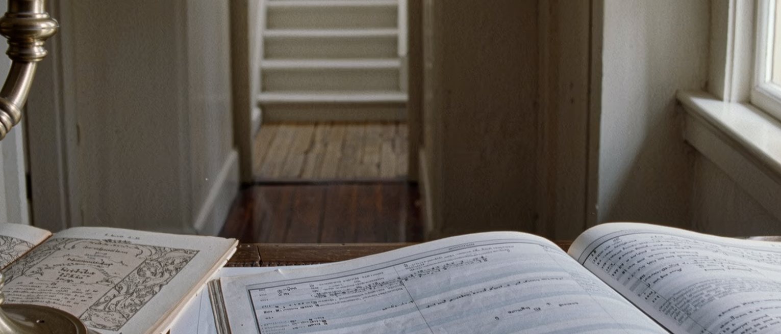a study seen close with a ledger open at columns of hours, a stack of manuscript pages, a dictionary in two languages and a lamp, the stair soft behind