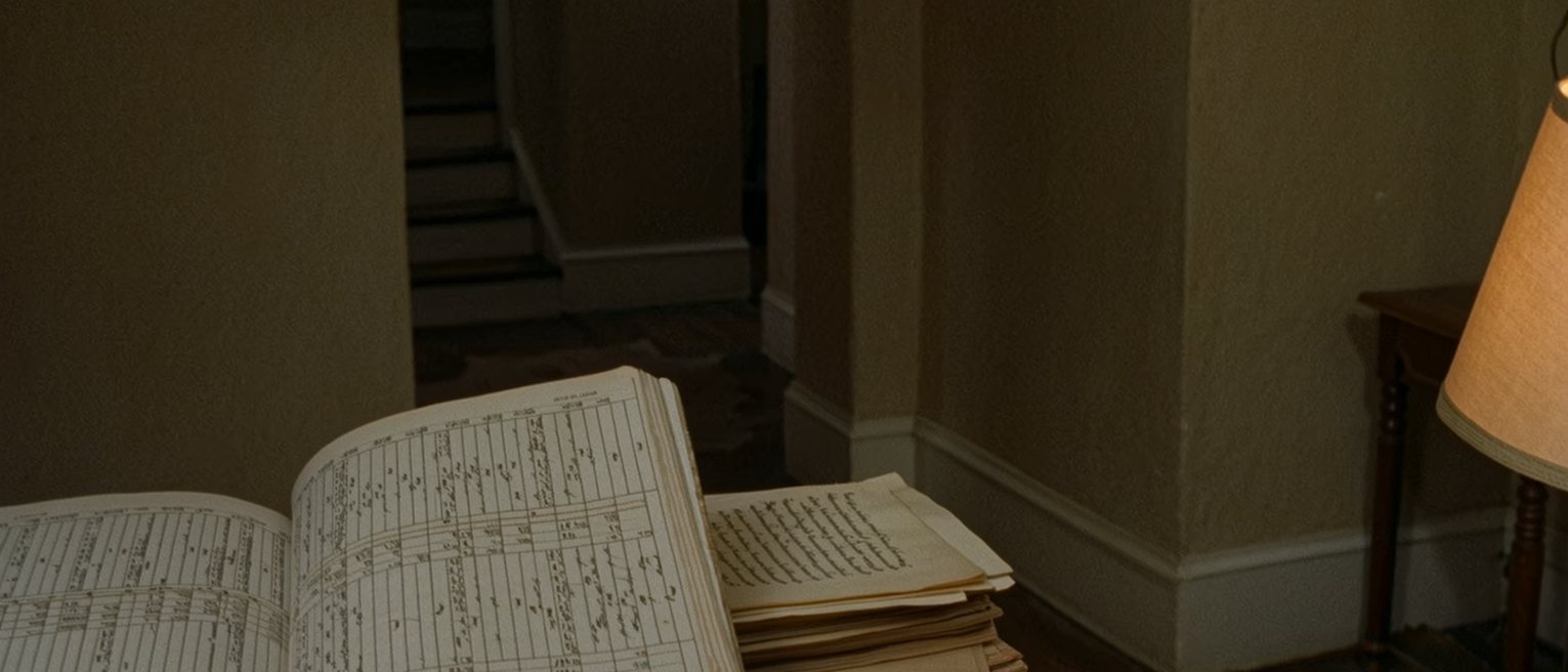 a study seen close with a ledger open at columns of hours, a stack of manuscript pages, a dictionary in two languages and a lamp, the stair soft behind