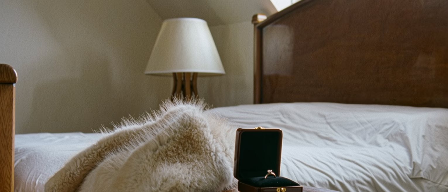 a large bedroom seen close, a fur coat thrown over a chair, a ring in its open box on the bedside table, a folded document beside it, the lamp and the headboard soft behind
