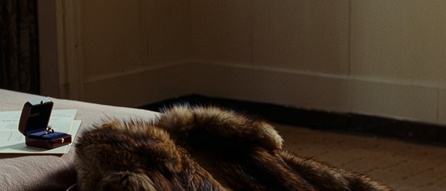 a large bedroom seen close, a fur coat thrown over a chair, a ring in its open box on the bedside table, a folded document beside it, the lamp and the headboard soft behind