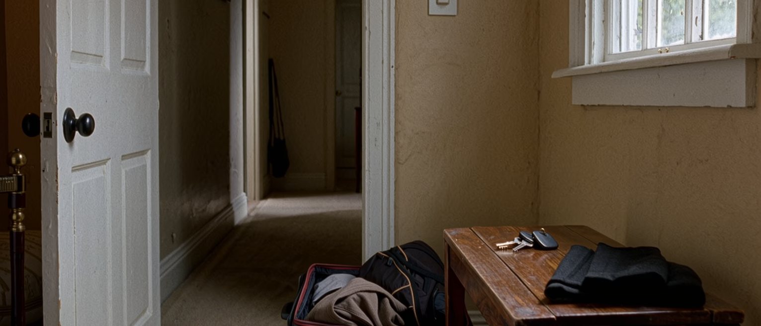 a hall seen close, a suitcase packed and set by the door standing open onto a corridor, a set of keys and a folded coat on the hall table beside it