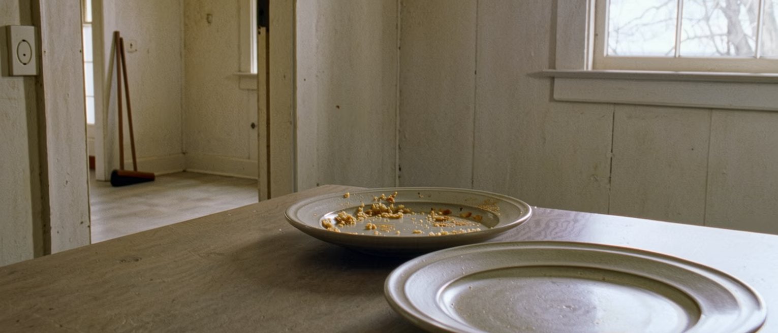 a kitchen table with two identical plates of the same meal, one eaten and one pushed aside barely touched