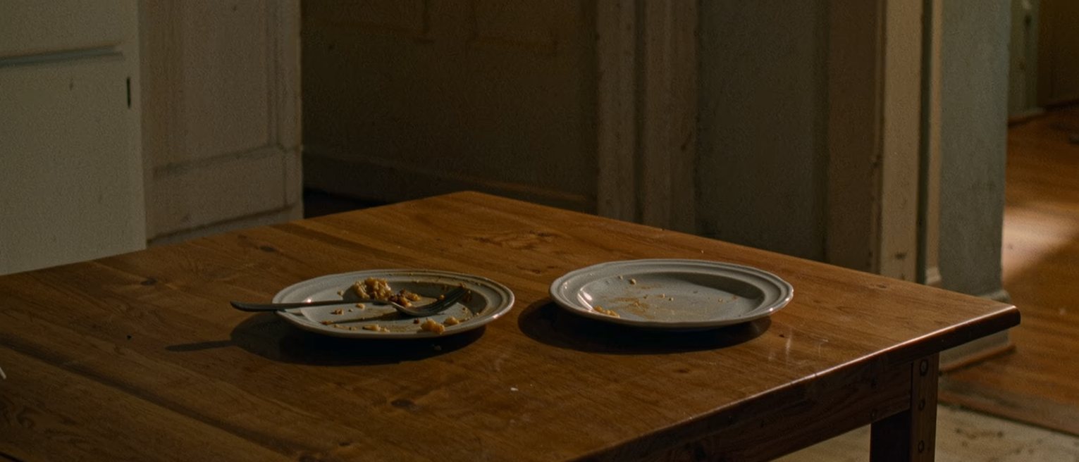 a kitchen table with two identical plates of the same meal, one eaten and one pushed aside barely touched