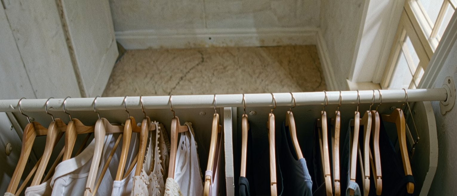 a wardrobe with one side full of clothes that were never her own choosing and the other side nearly empty