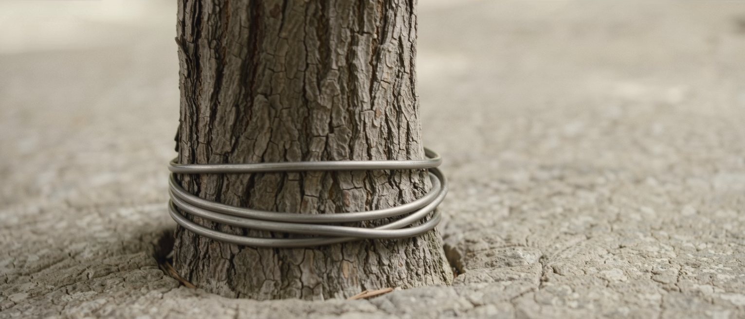 a tree grown out around an iron band fixed to it years ago, the bark closed over the metal