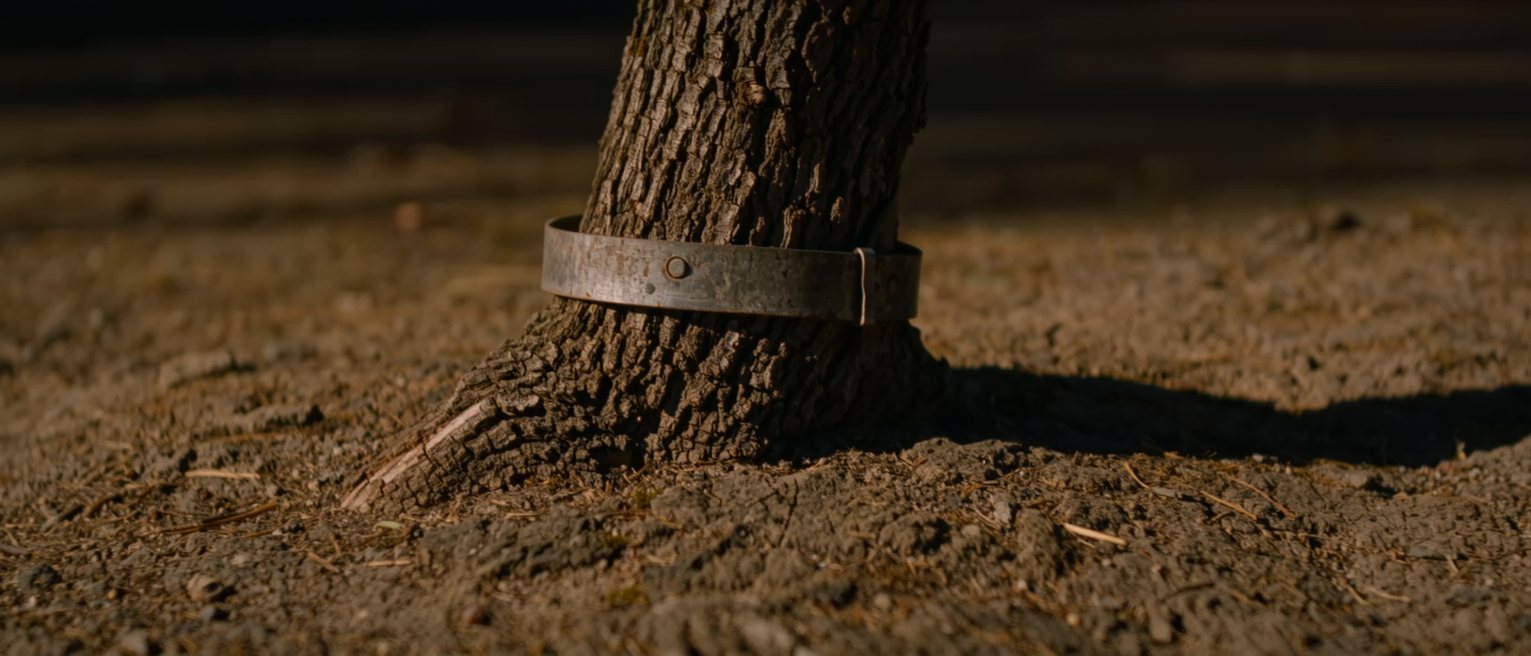 a tree grown out around an iron band fixed to it years ago, the bark closed over the metal