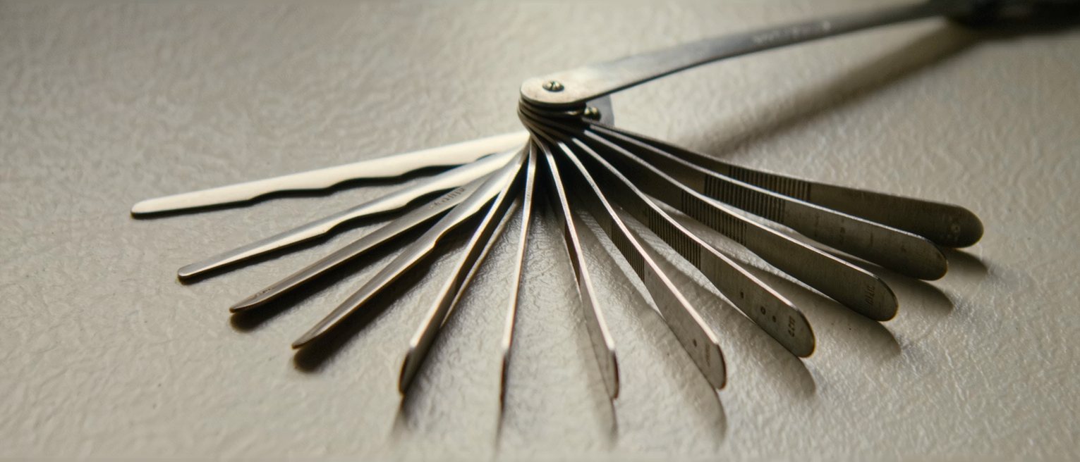 a set of engineer's feeler gauges fanned open from their pivot, each leaf a different thickness, every leaf smooth and unstamped