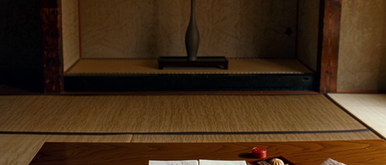 a low table seen close with a letter in calligraphy lying open beside its envelope and a red seal, a folded furoshiki and a small box of wagashi, the tatami and the tokonoma with its single vase close behind