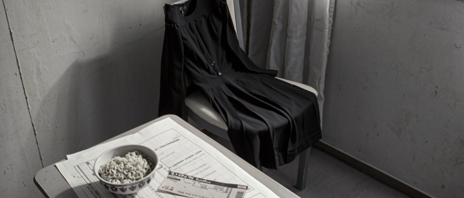 a one-room flat seen close with a tuition statement on the small table, a bowl of instant noodles, a bus ticket home to Toyama and a folded black dress over the chair, the curtain soft behind