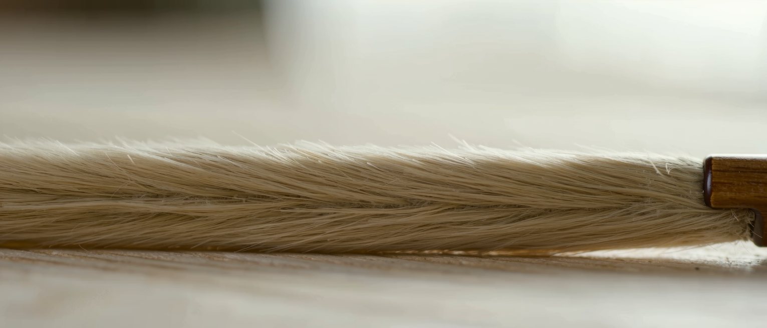 a violin bow newly rehaired and rosined, the hair pale and evenly tensioned